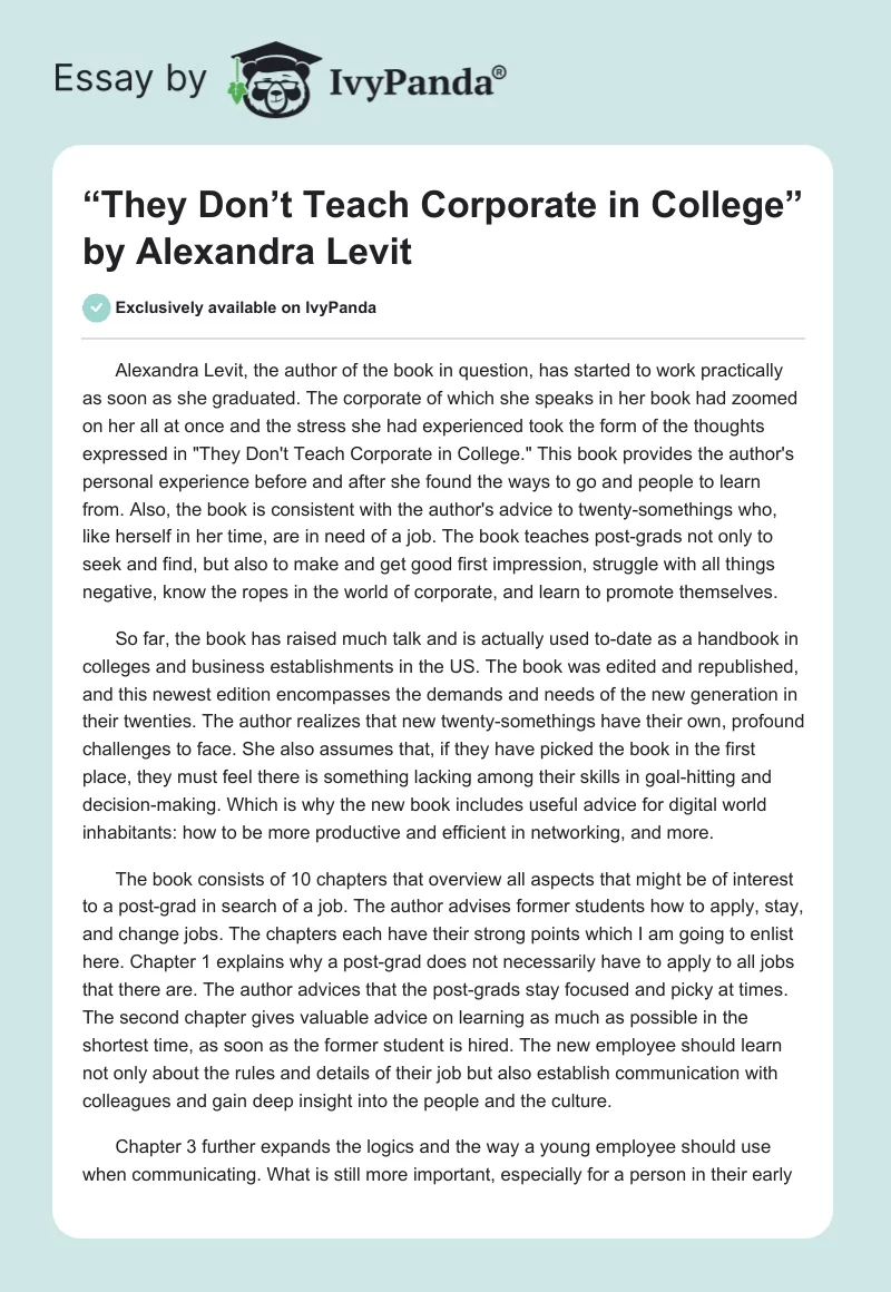 “They Don’t Teach Corporate in College” by Alexandra Levit. Page 1