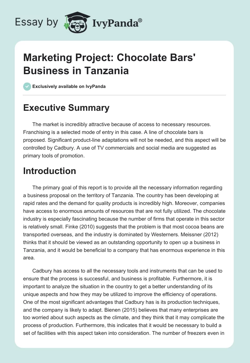 Marketing Project: Chocolate Bars' Business in Tanzania. Page 1