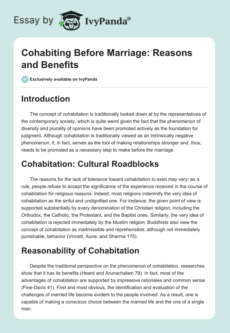 Cohabiting Before Marriage: Reasons and Benefits. Page 1