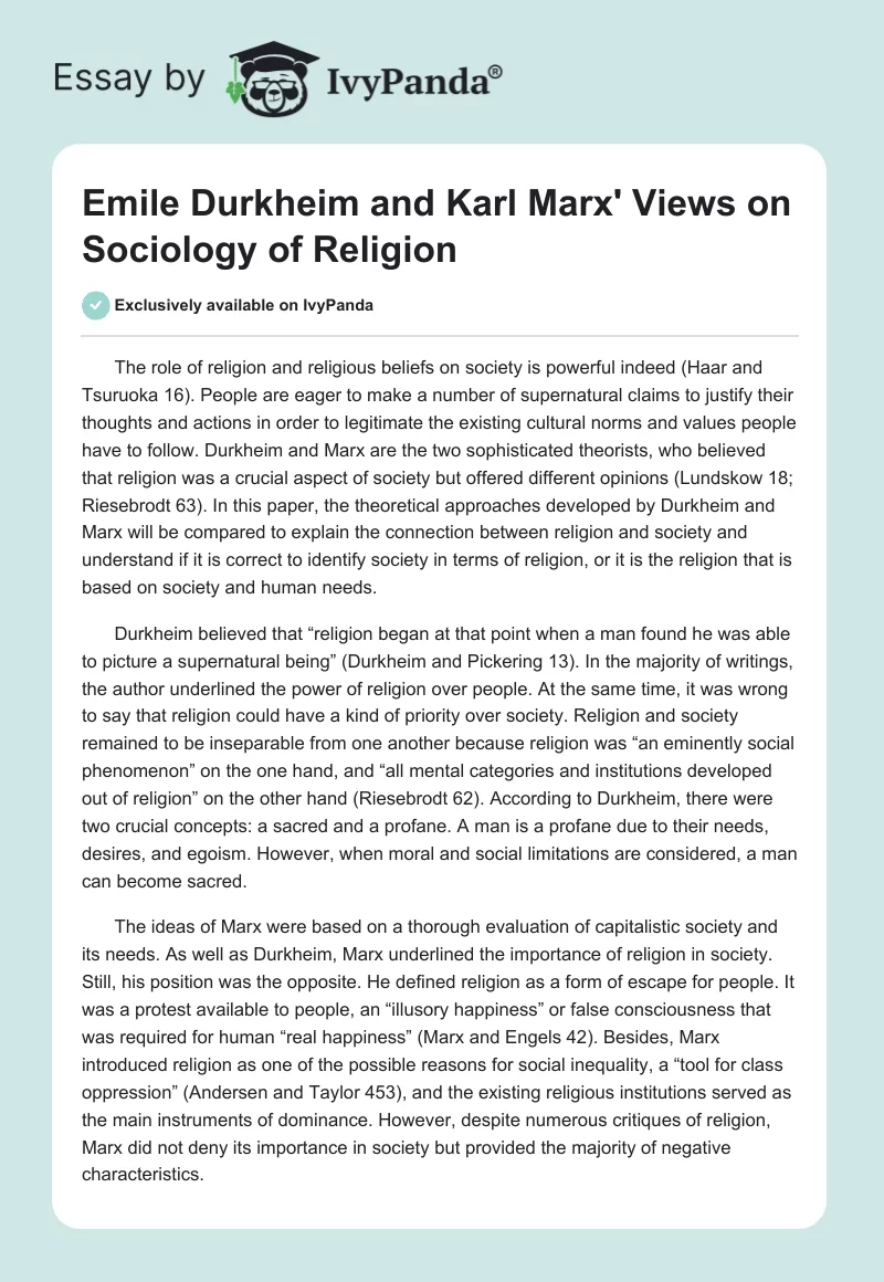 Emile Durkheim and Karl Marx' Views on Sociology of Religion. Page 1