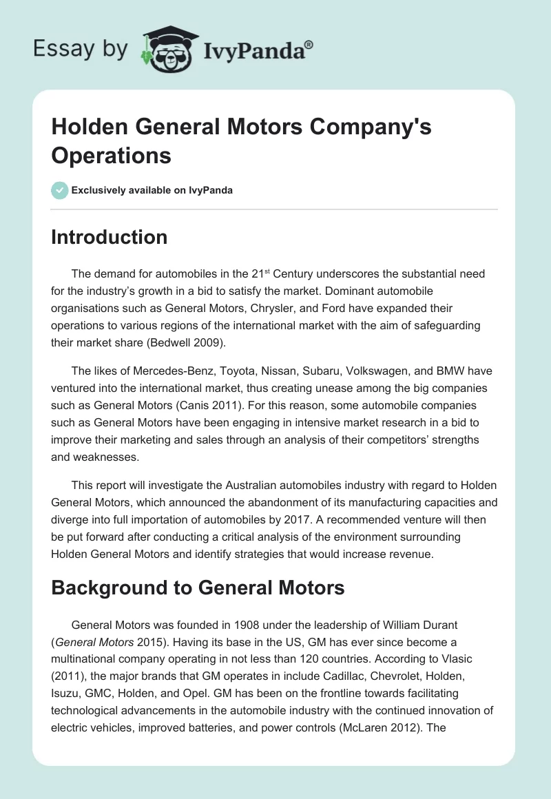 Holden General Motors Company's Operations. Page 1