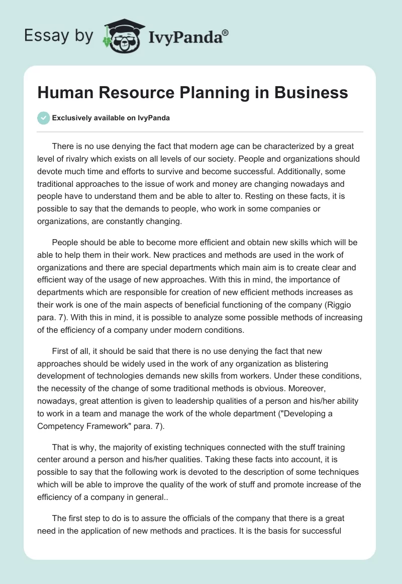 Human Resource Planning in Business. Page 1