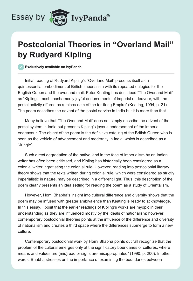 Postcolonial Theories in “Overland Mail” by Rudyard Kipling. Page 1