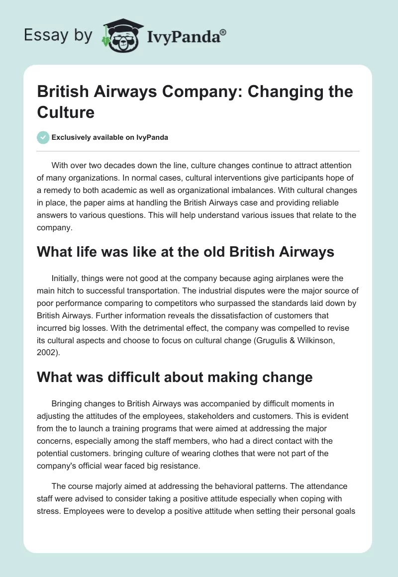 British Airways Company: Changing the Culture. Page 1