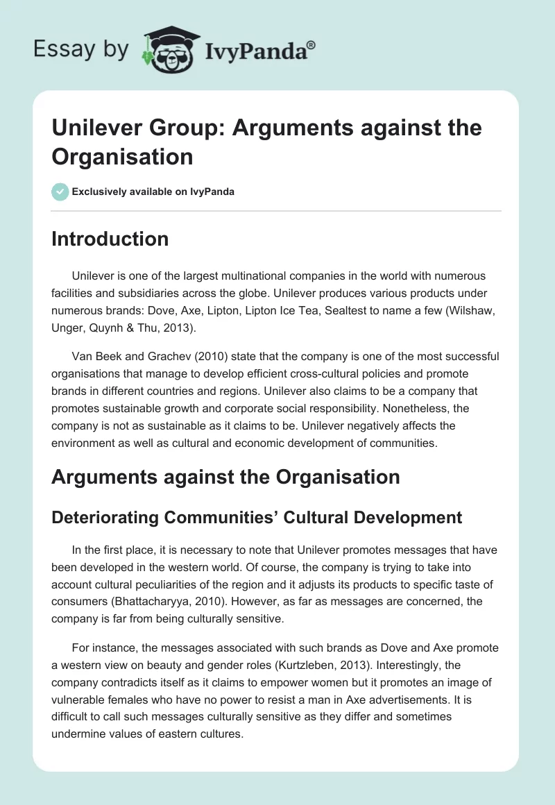 Unilever Group: Arguments Against the Organisation. Page 1