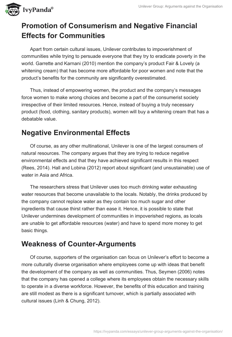 Unilever Group: Arguments Against the Organisation. Page 2