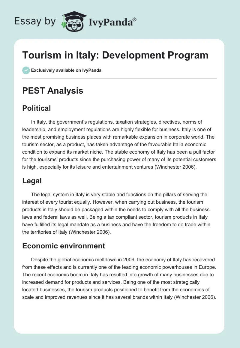 Tourism in Italy: Development Program. Page 1