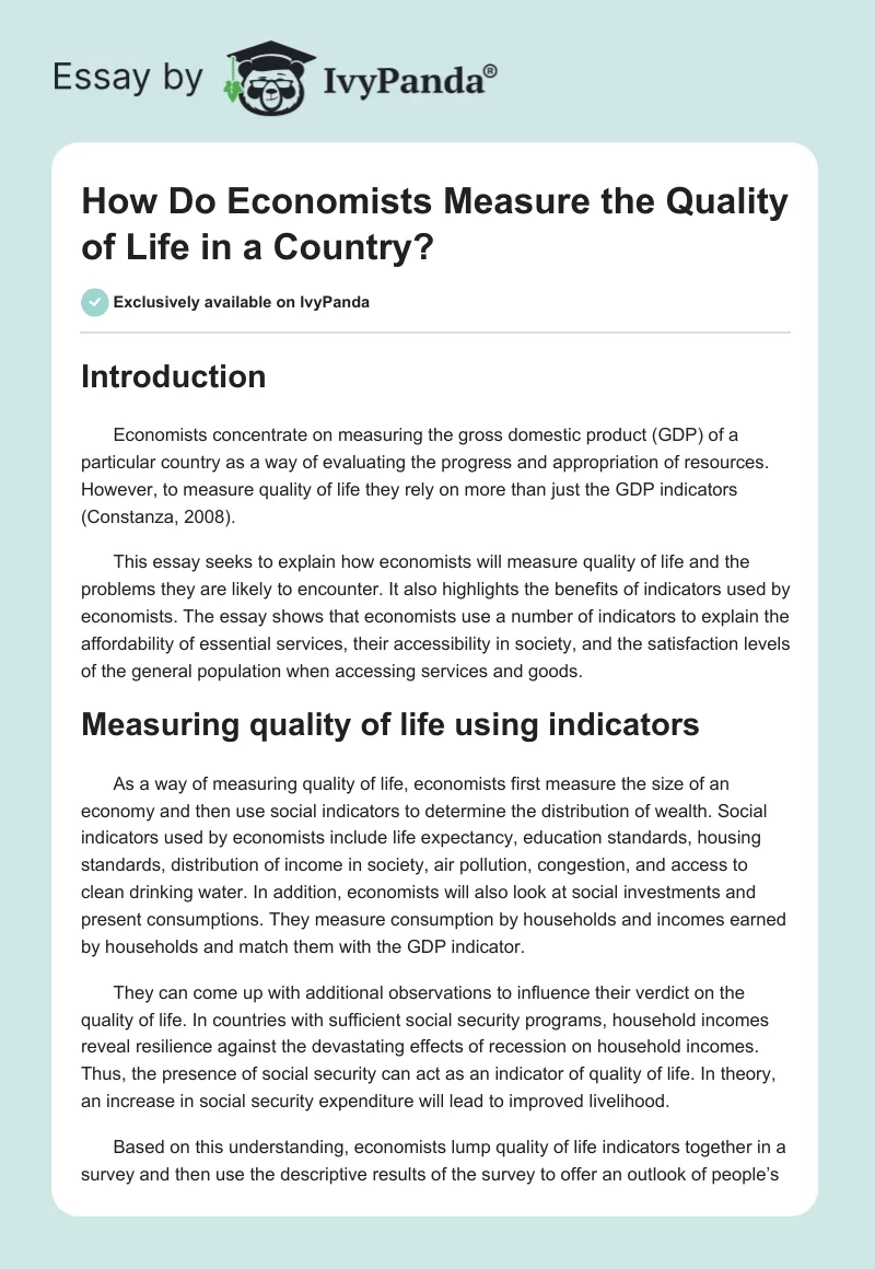 How Do Economists Measure the Quality of Life in a Country?. Page 1