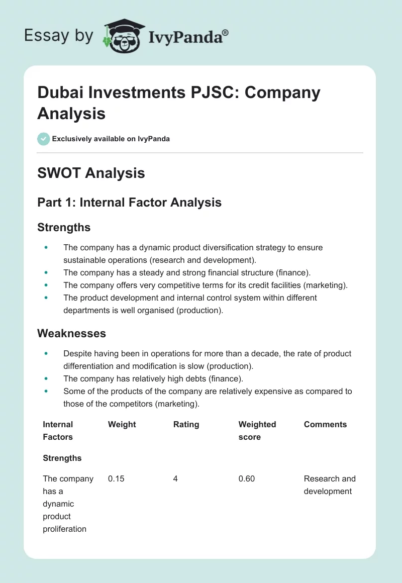 Dubai Investments PJSC: Company Analysis. Page 1