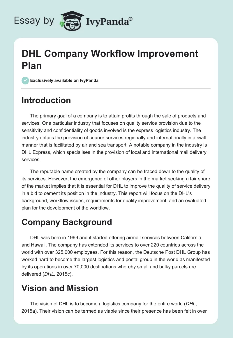 DHL Company Workflow Improvement Plan. Page 1