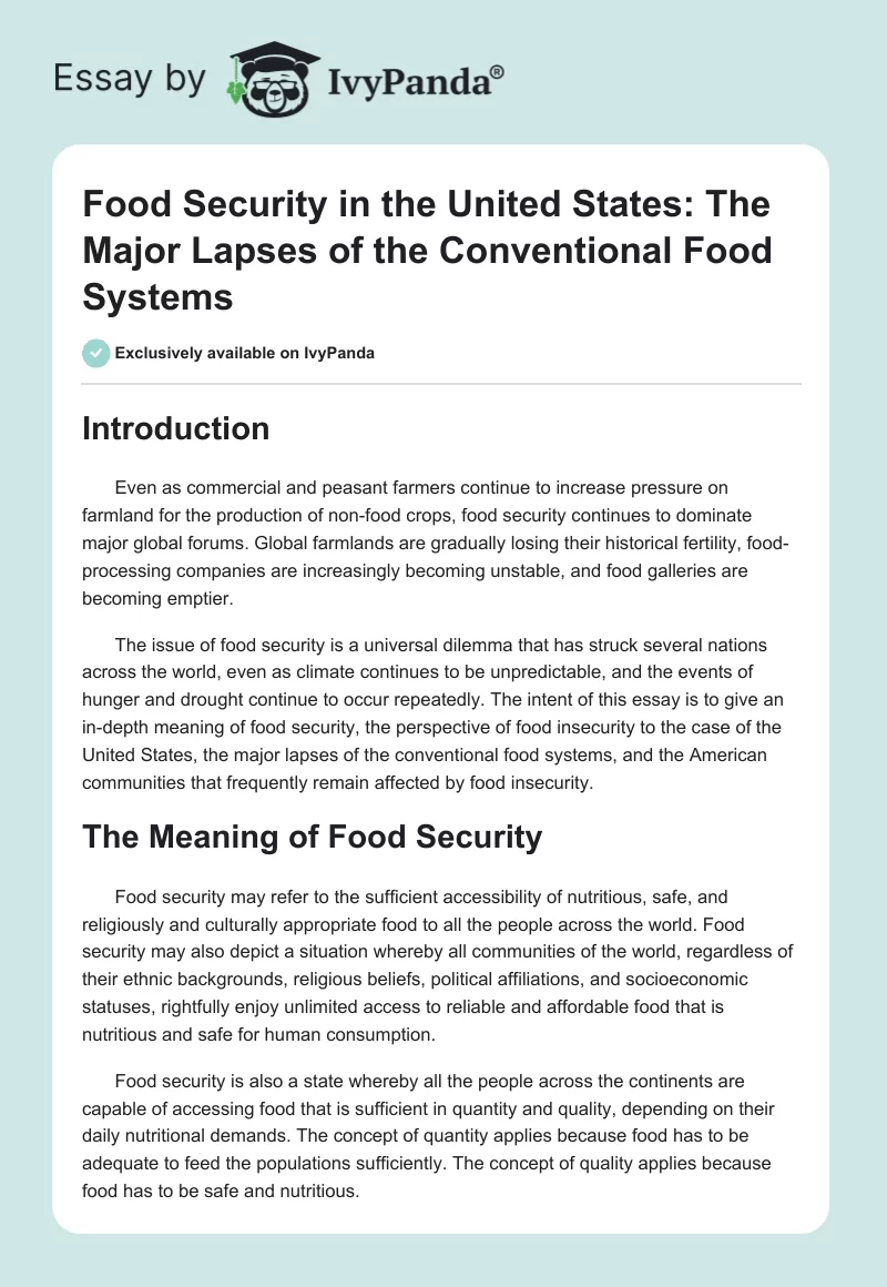 Food Security in the United States: The Major Lapses of the Conventional Food Systems. Page 1
