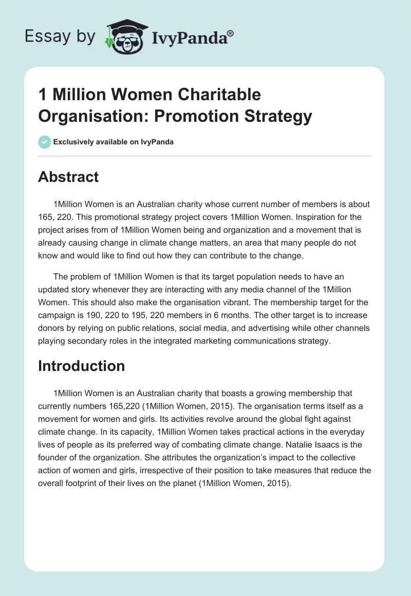 "1 Million Women" Charitable Organisation: Promotion Strategy. Page 1