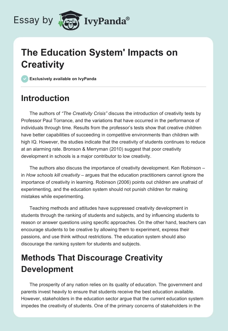 The Education System' Impacts on Creativity. Page 1