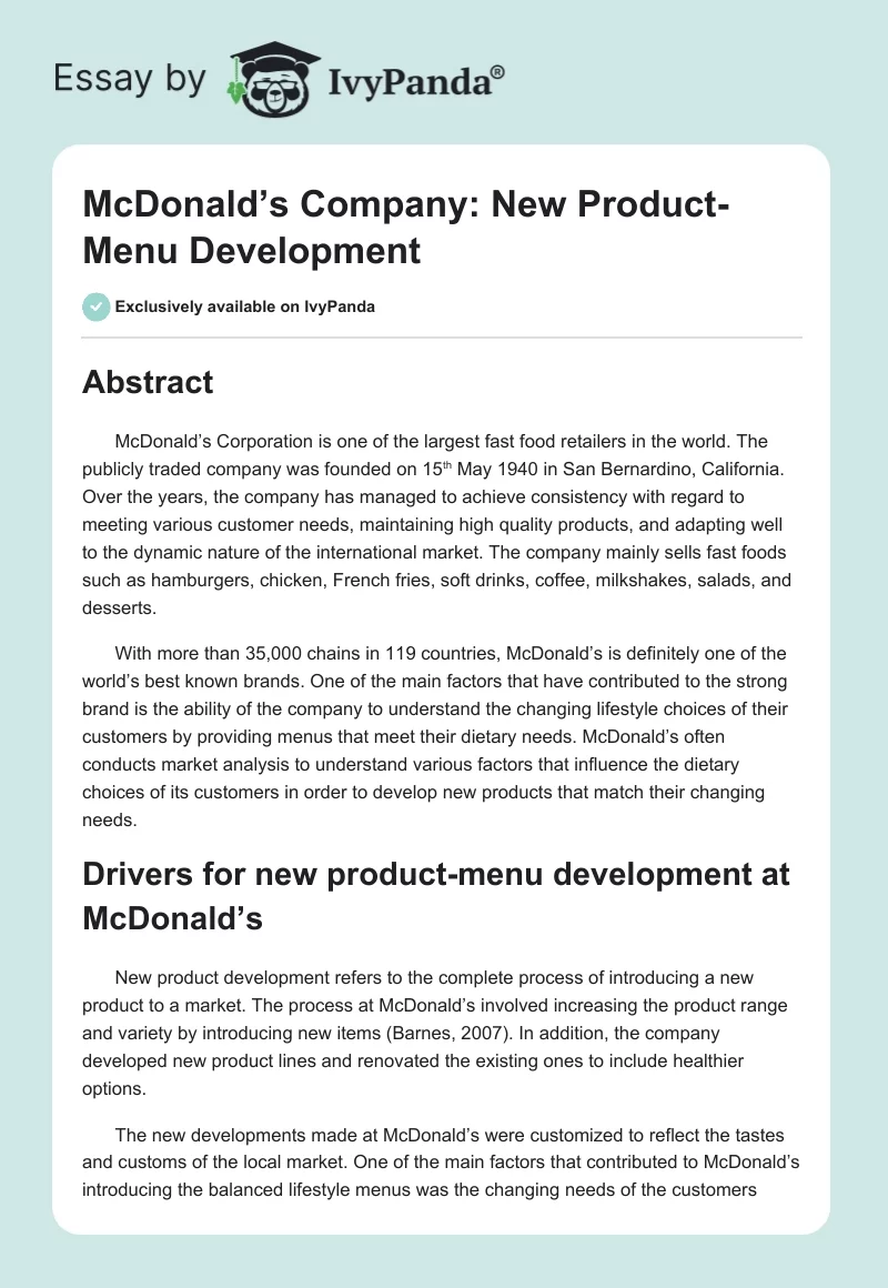 McDonald’s Company: New Product-Menu Development. Page 1