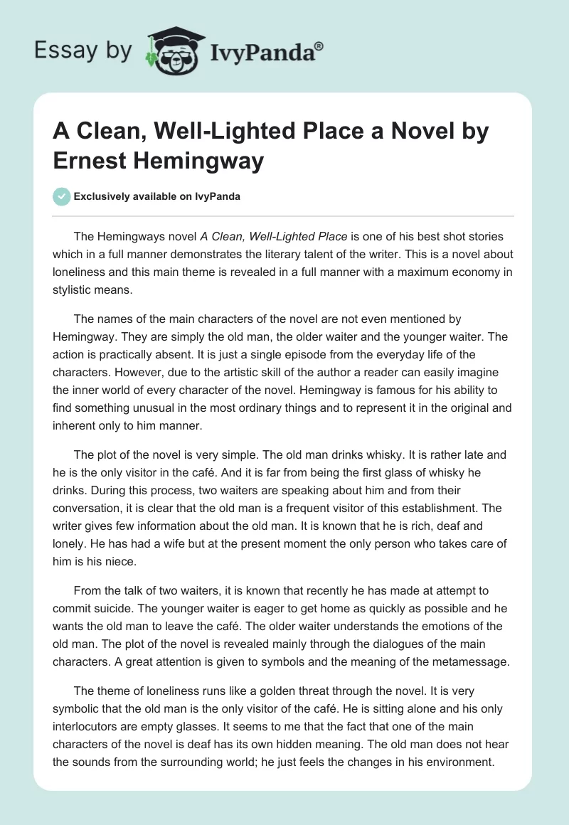 "A Clean, Well-Lighted Place" a Novel by Ernest Hemingway. Page 1