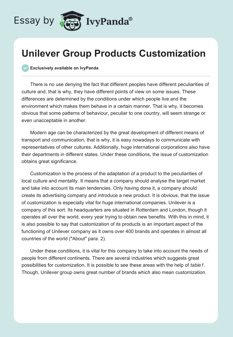 Unilever Group Products Customization. Page 1