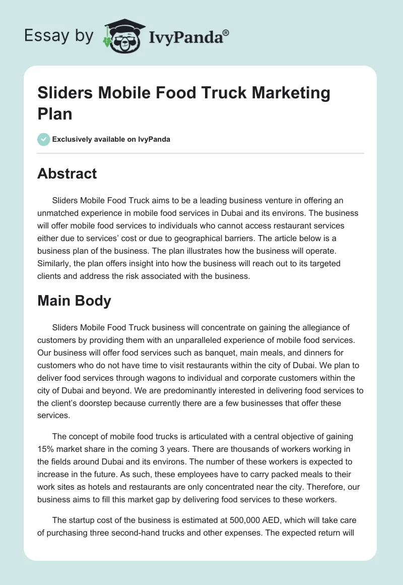 Sliders Mobile Food Truck Marketing Plan. Page 1