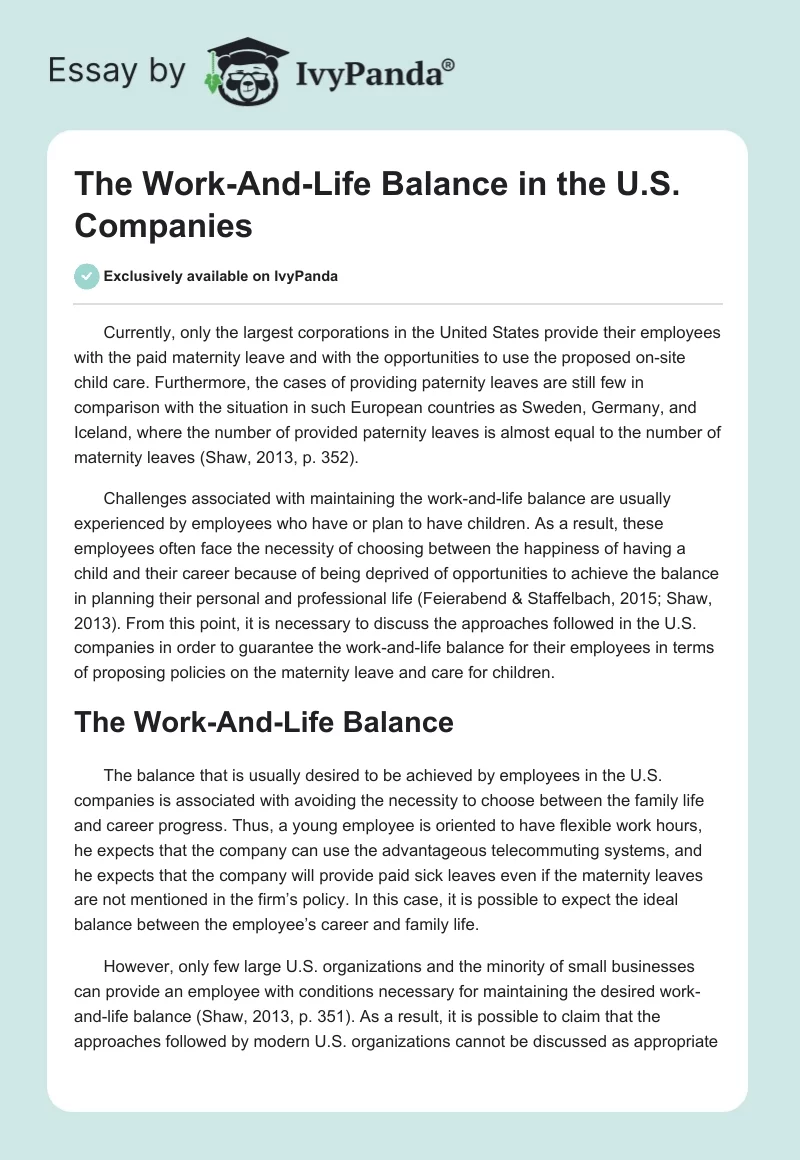 The Work-And-Life Balance in the U.S. Companies. Page 1