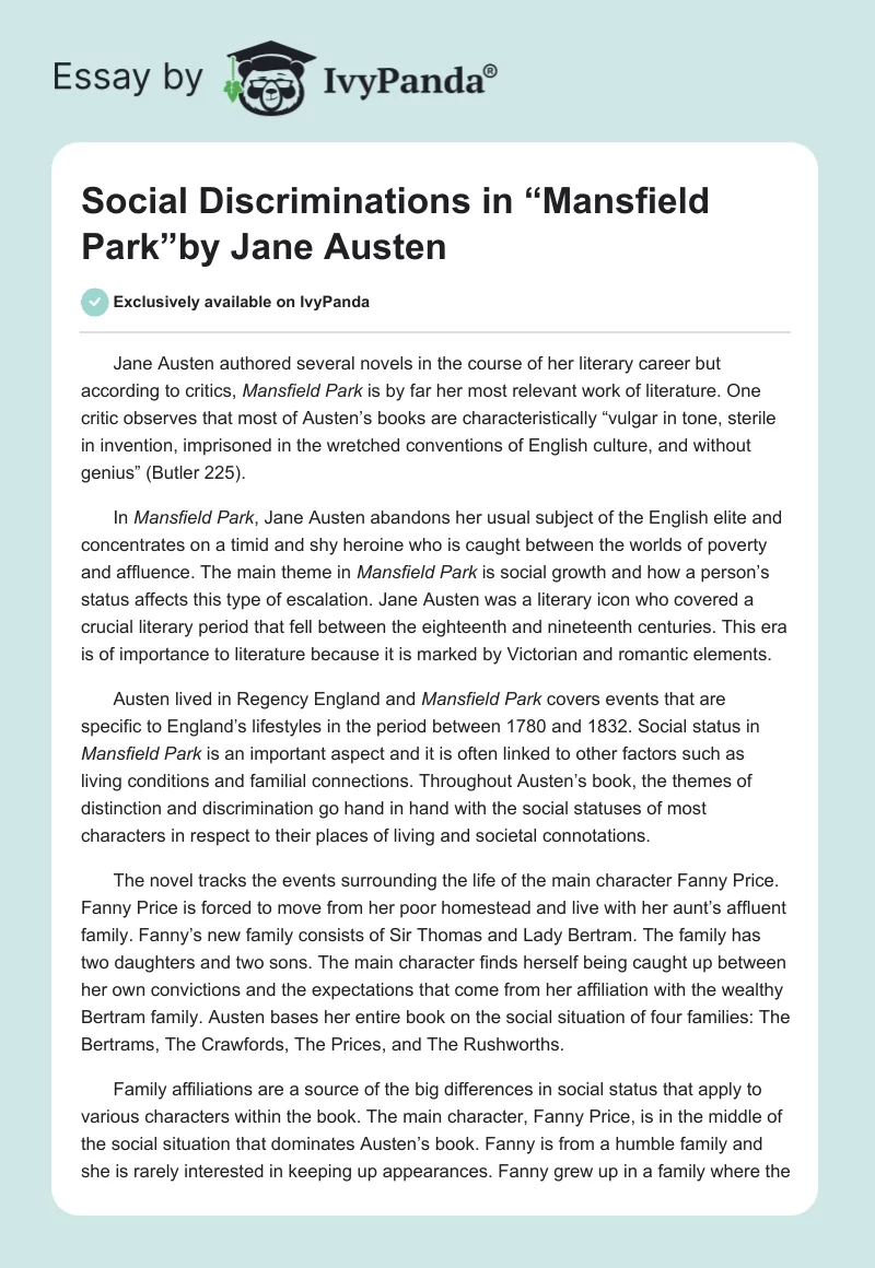 Social Discriminations in “Mansfield Park”by Jane Austen. Page 1
