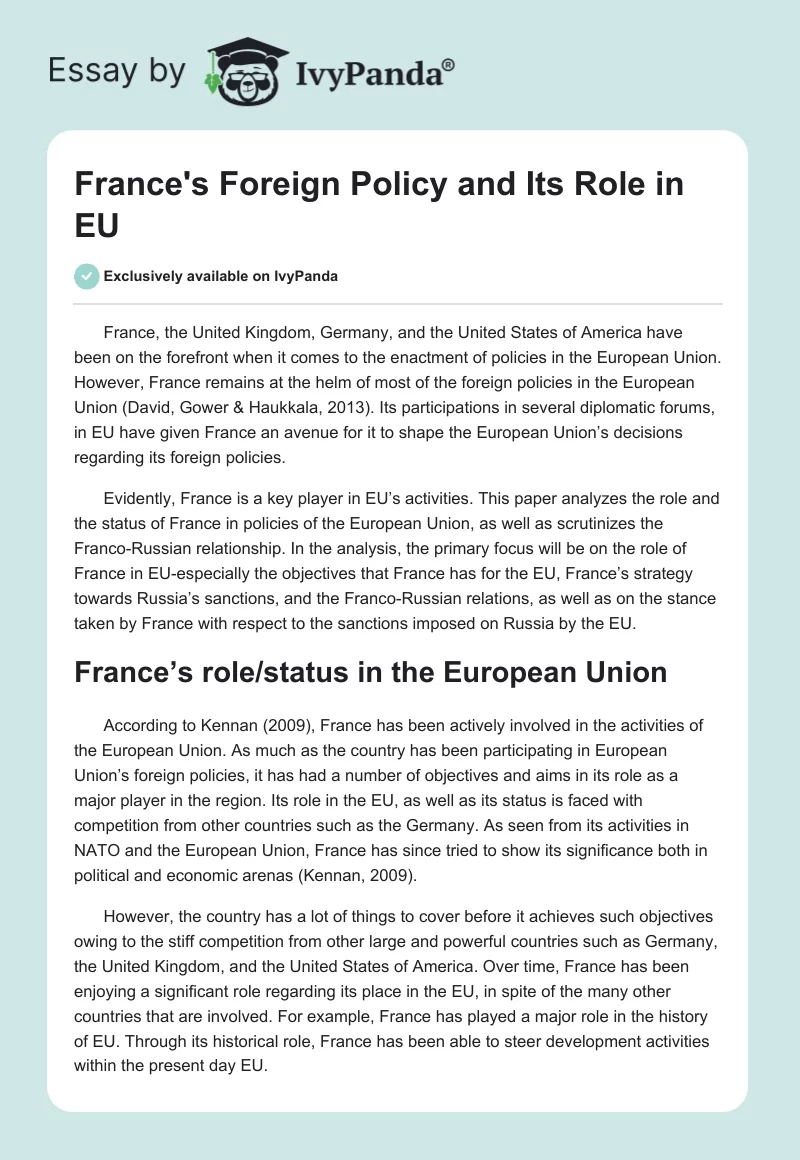 France's Foreign Policy and Its Role in EU. Page 1