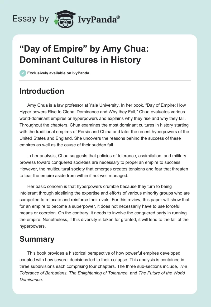 “Day of Empire” by Amy Chua: Dominant Cultures in History. Page 1