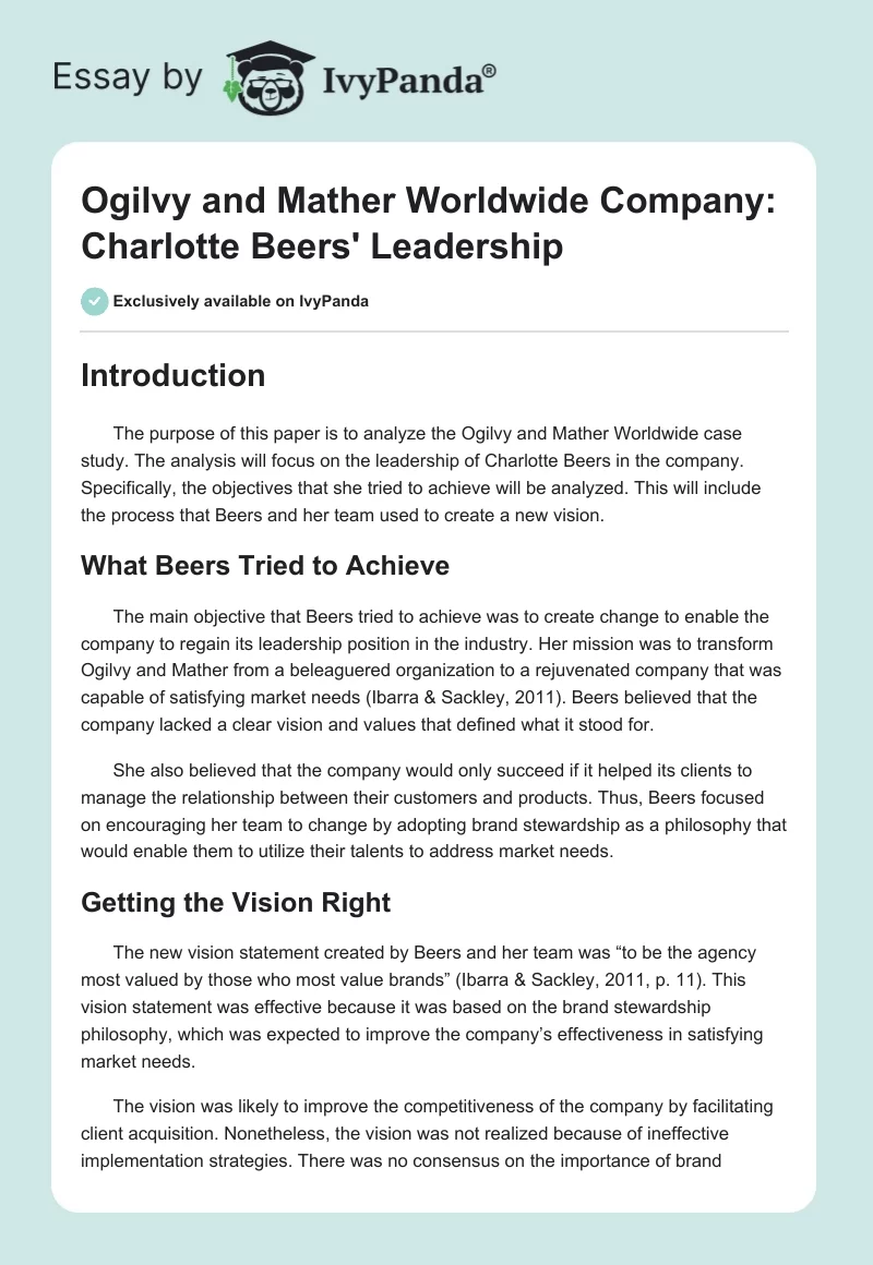 Ogilvy and Mather Worldwide Company: Charlotte Beers' Leadership. Page 1