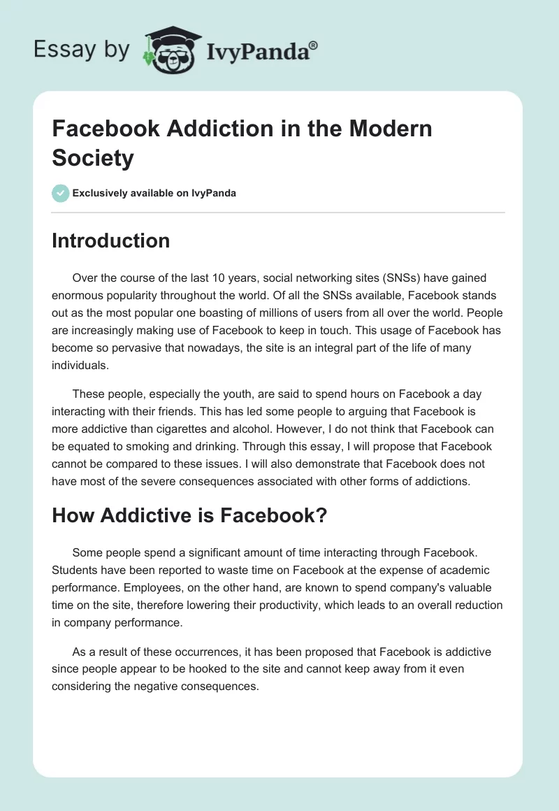 Facebook Addiction in the Modern Society. Page 1
