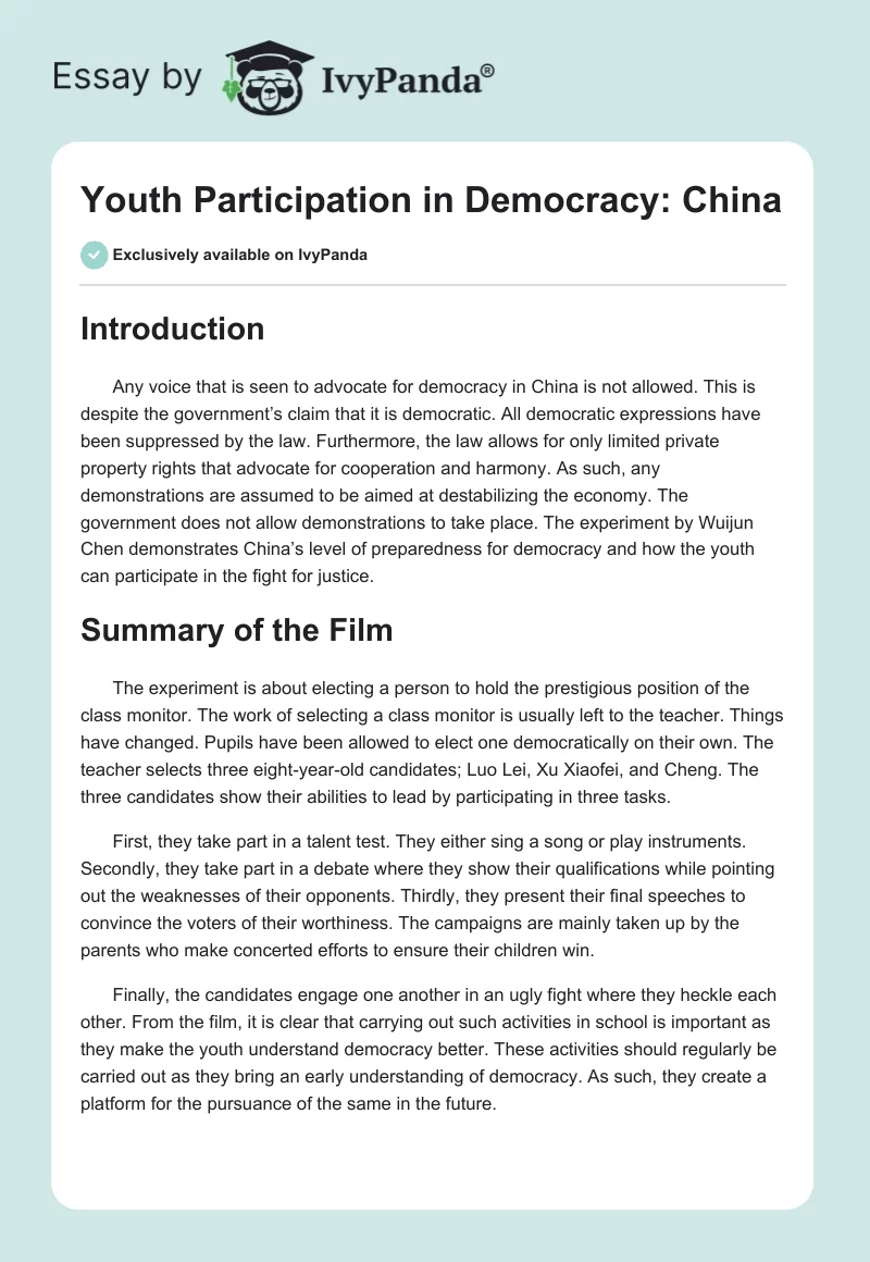 Youth Participation in Democracy: China. Page 1