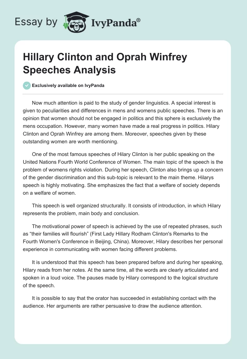 Hillary Clinton and Oprah Winfrey Speeches Analysis. Page 1