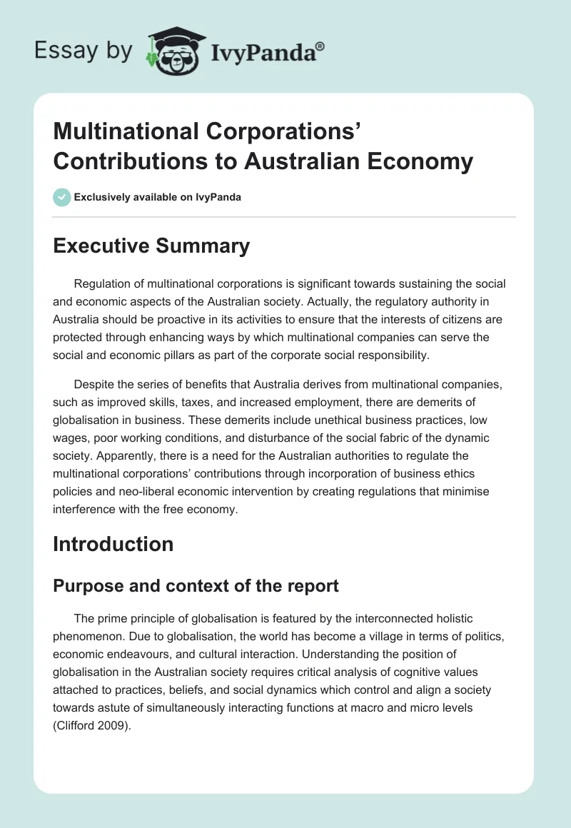 Multinational Corporations’ Contributions to Australian Economy. Page 1