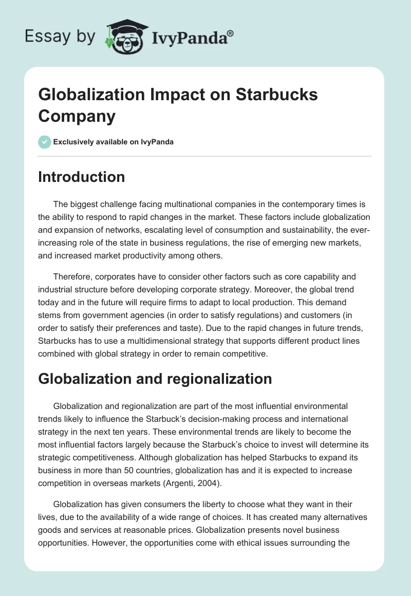 Globalization Impact on Starbucks Company. Page 1
