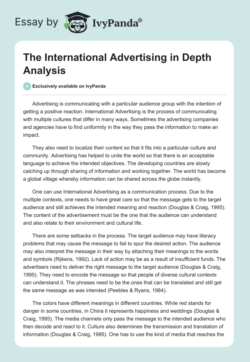 The International Advertising in Depth Analysis. Page 1