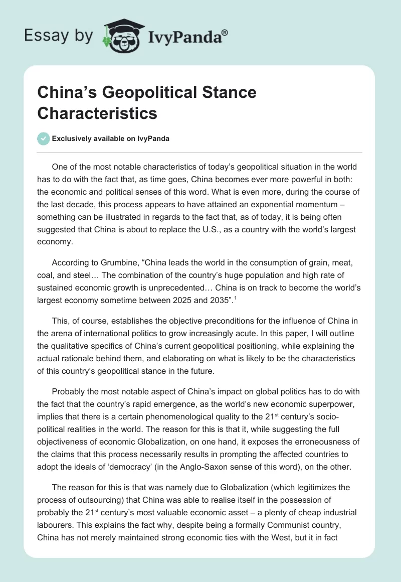 China’s Geopolitical Stance Characteristics. Page 1