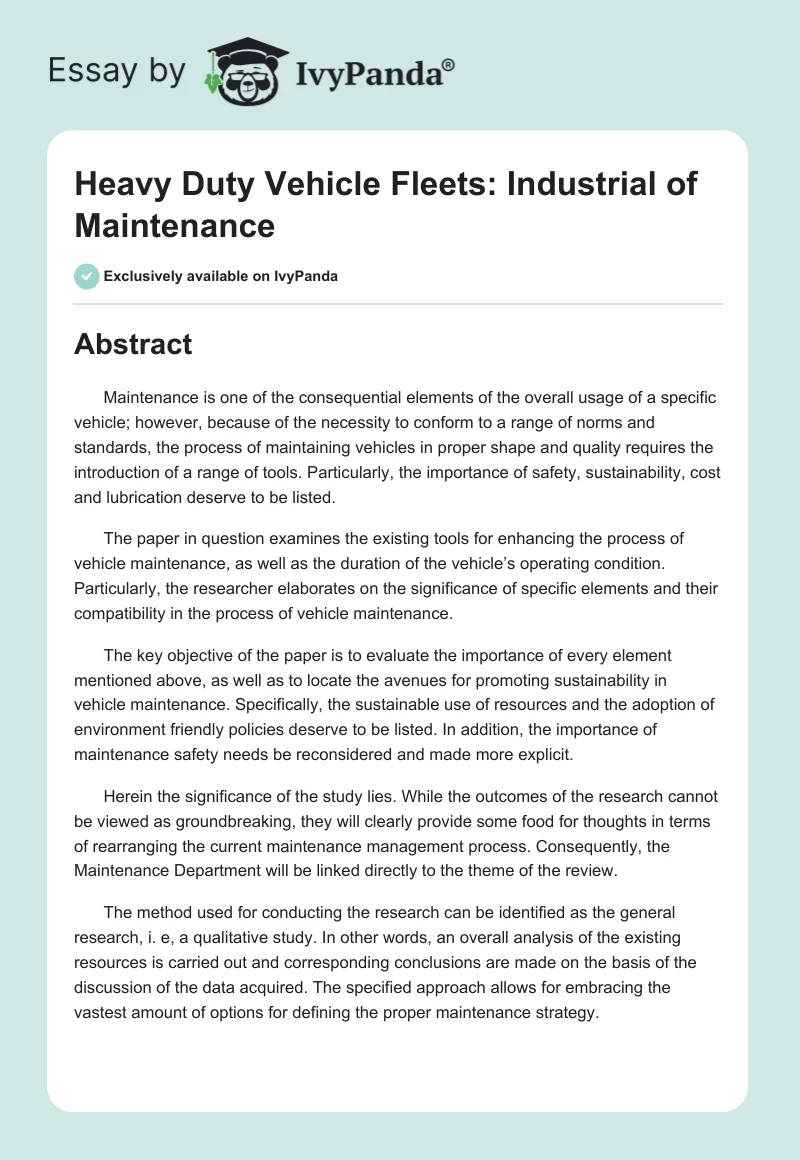 Heavy Duty Vehicle Fleets: Industrial of Maintenance. Page 1