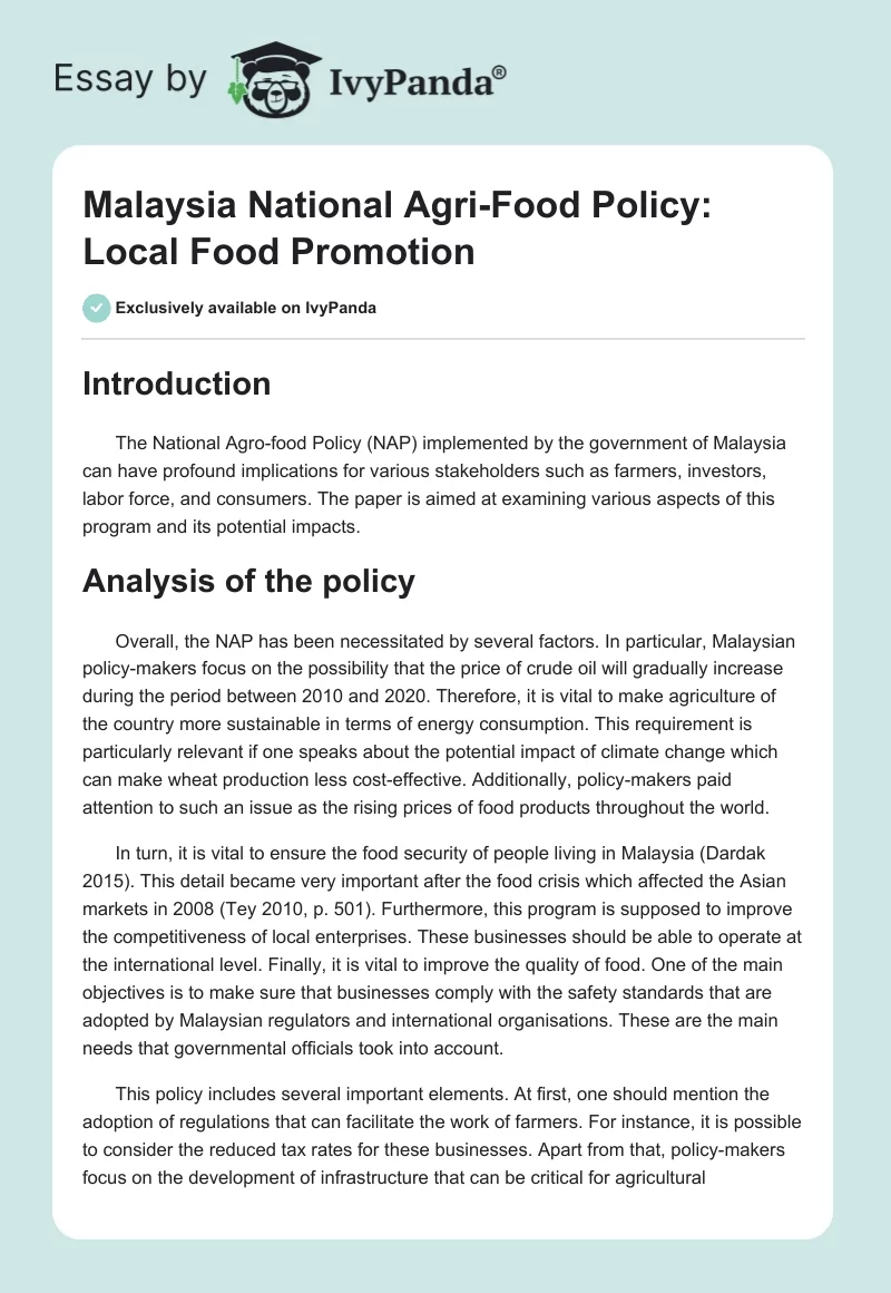 Malaysia National Agri-Food Policy: Local Food Promotion. Page 1