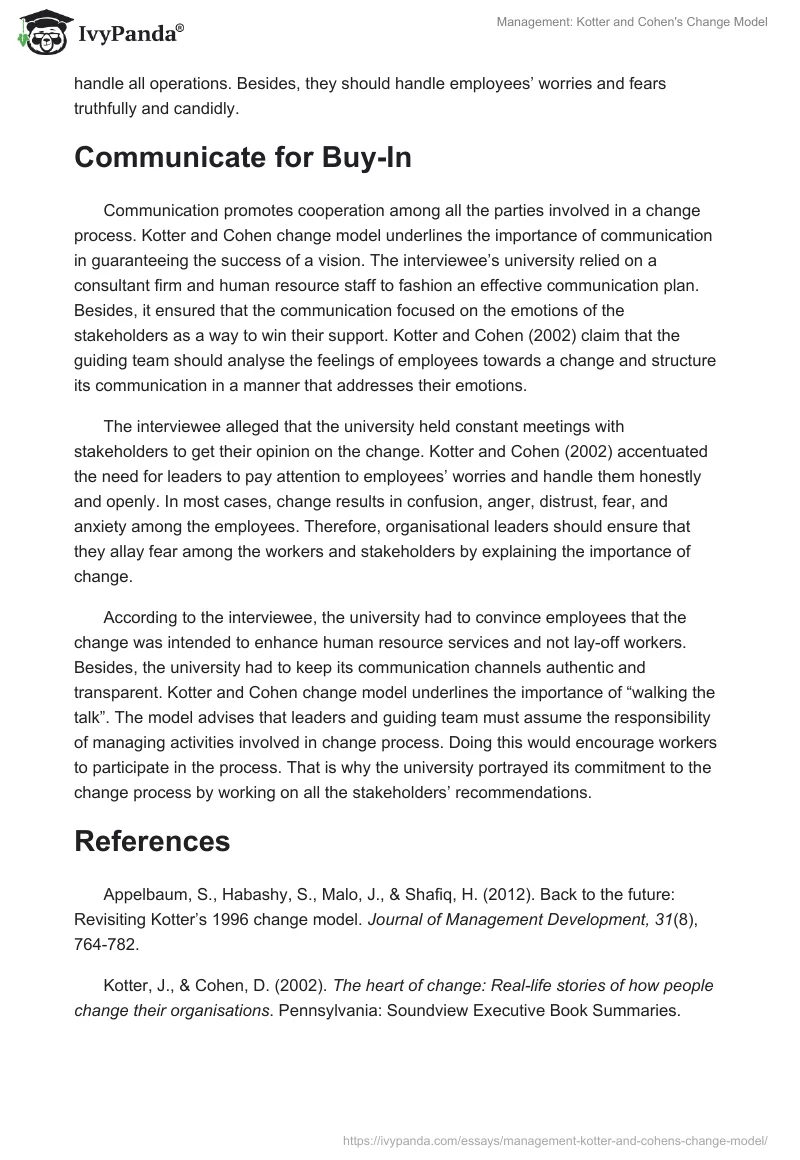 Management: Kotter and Cohen's Change Model. Page 4
