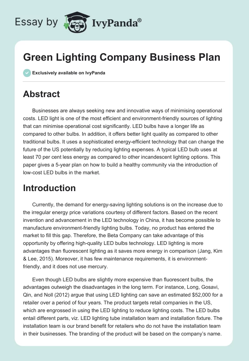 Green Lighting Company Business Plan. Page 1