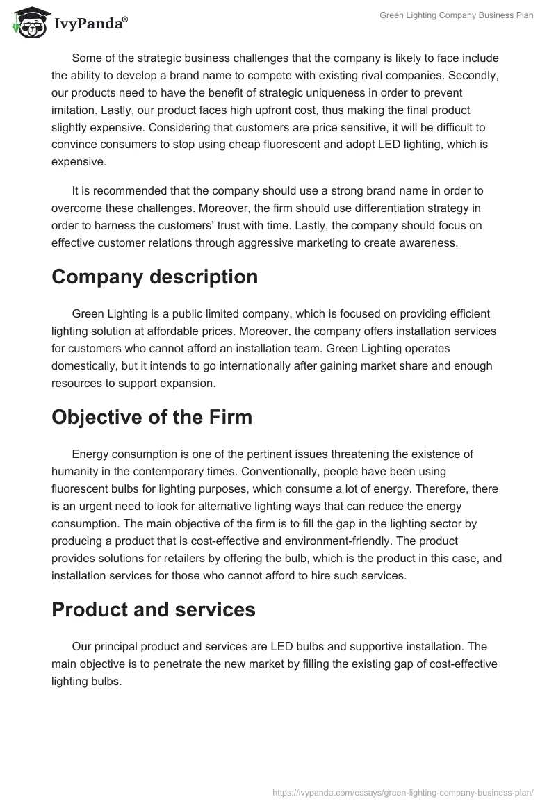 Green Lighting Company Business Plan. Page 2