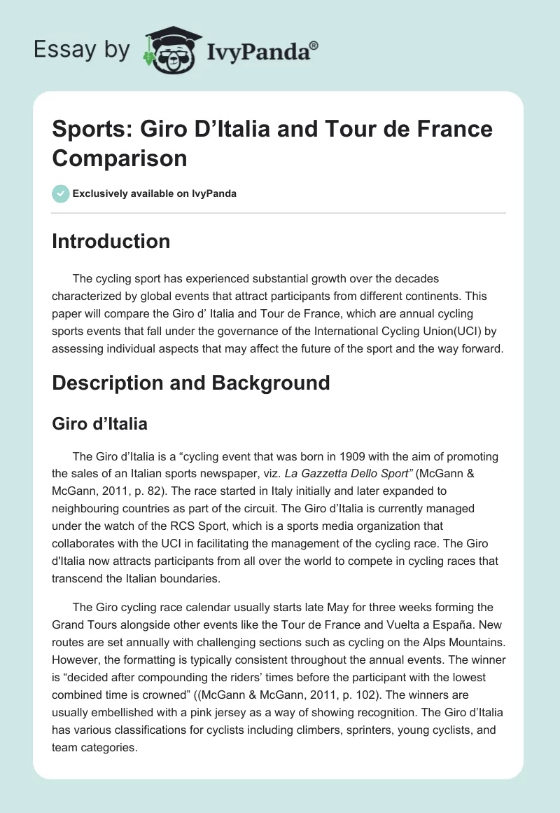 Sports: Giro D’Italia and Tour de France Comparison. Page 1