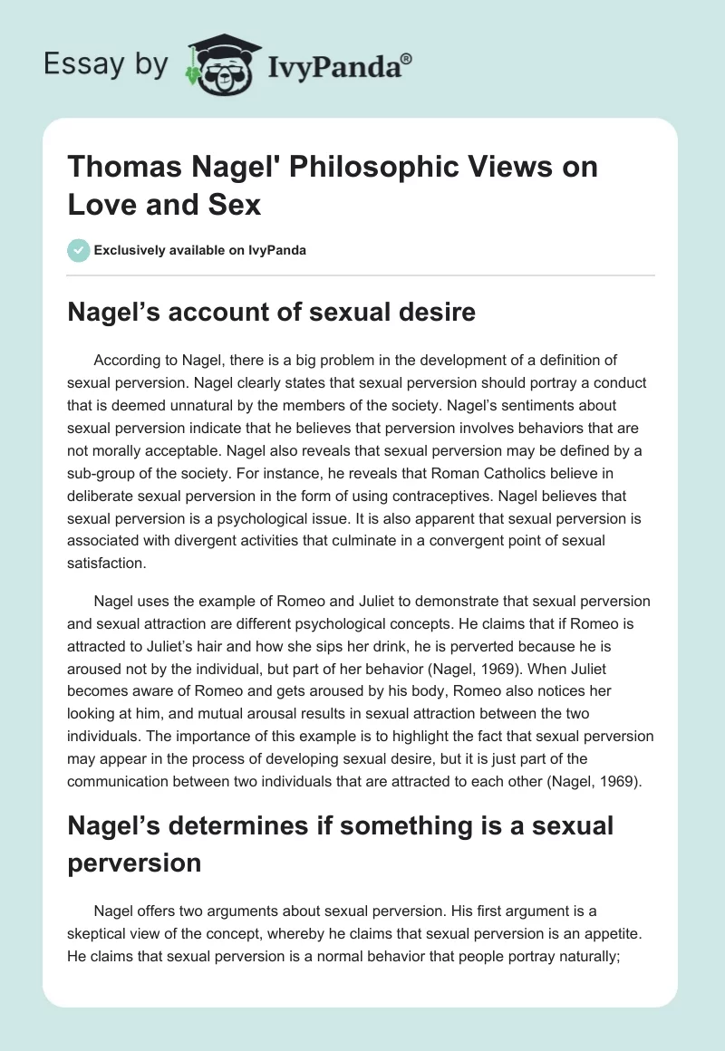 Thomas Nagel' Philosophic Views on Love and Sex. Page 1