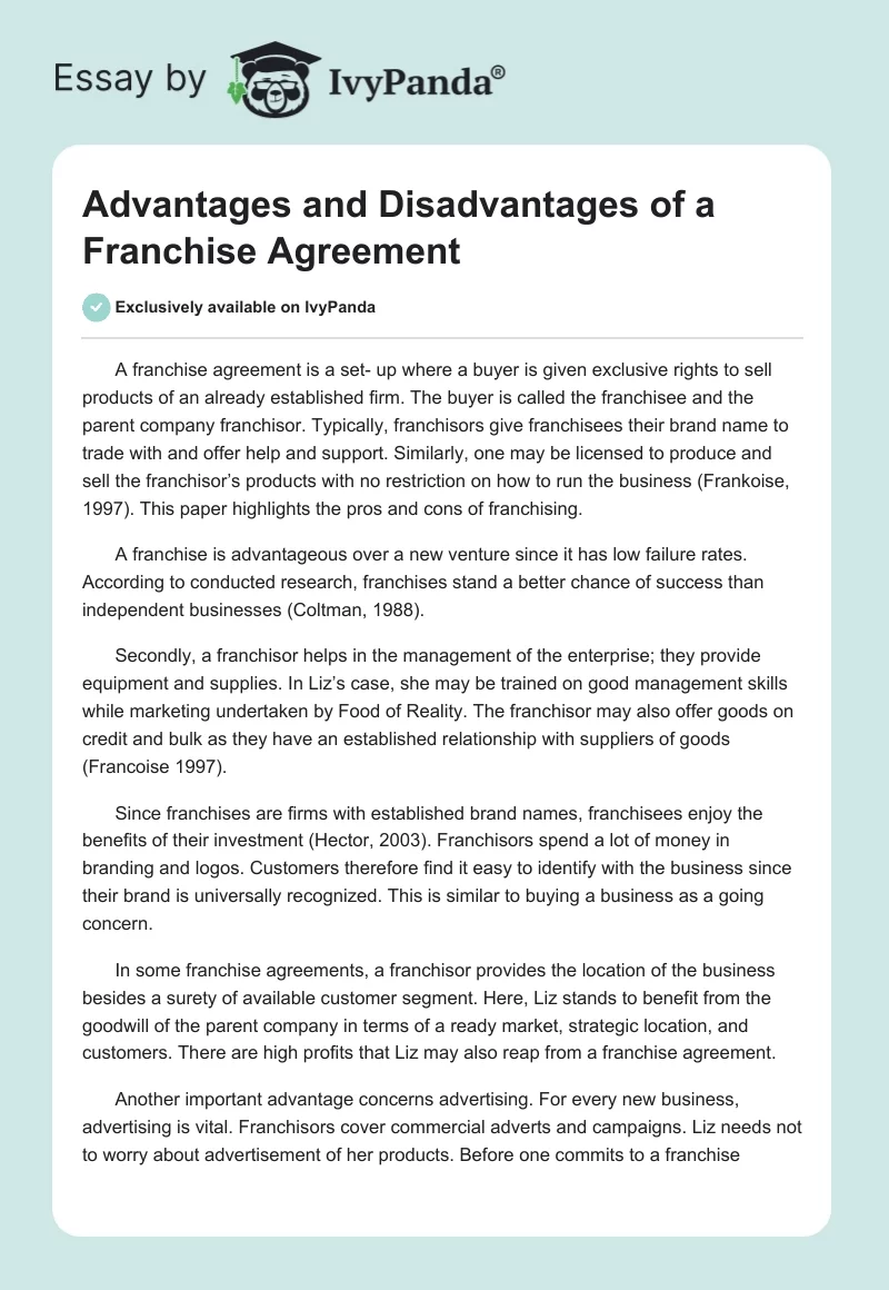 Advantages and Disadvantages of a Franchise Agreement. Page 1