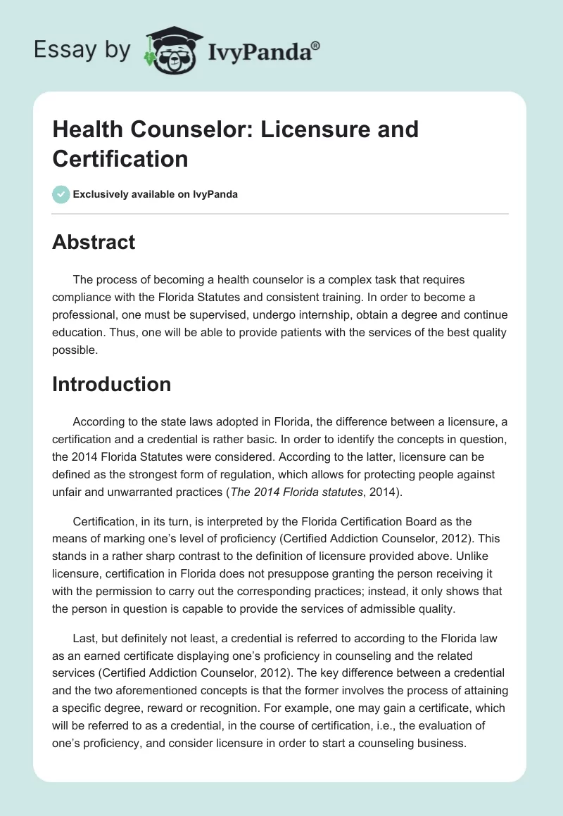 Health Counselor: Licensure and Certification. Page 1