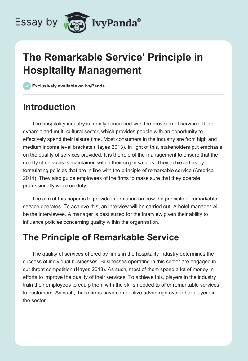 The Remarkable Service' Principle in Hospitality Management. Page 1