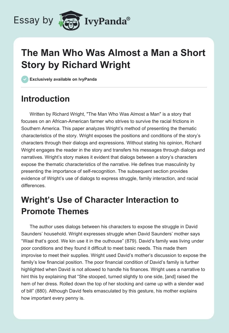 "The Man Who Was Almost a Man" a Short Story by Richard Wright. Page 1