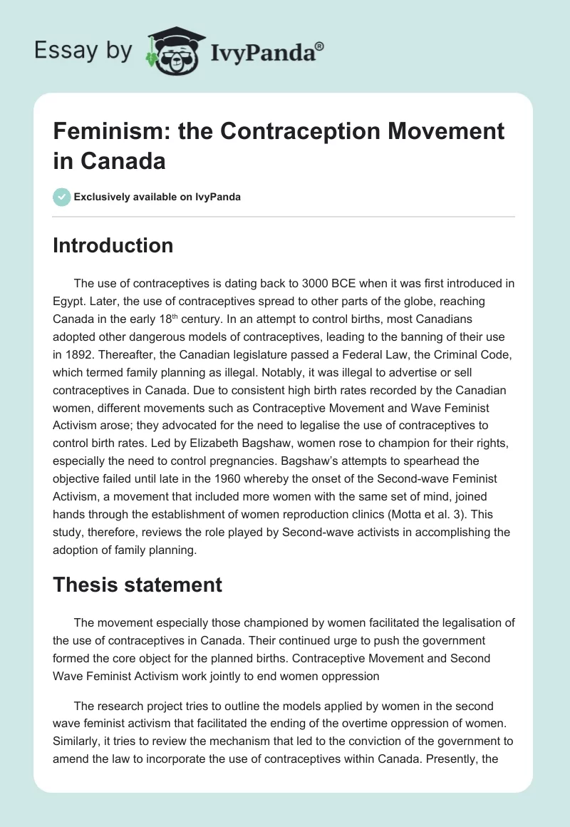 Feminism: the Contraception Movement in Canada. Page 1