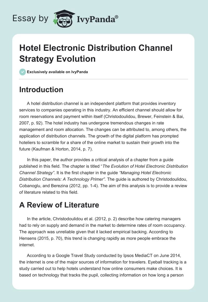 Hotel Electronic Distribution Channel Strategy Evolution. Page 1