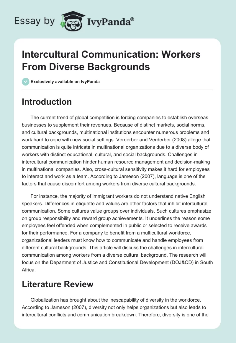 Intercultural Communication: Workers From Diverse Backgrounds. Page 1
