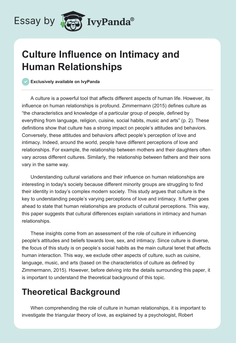 Culture Influence on Intimacy and Human Relationships. Page 1