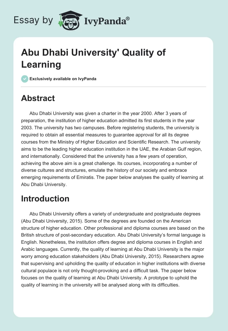 Abu Dhabi University' Quality of Learning. Page 1