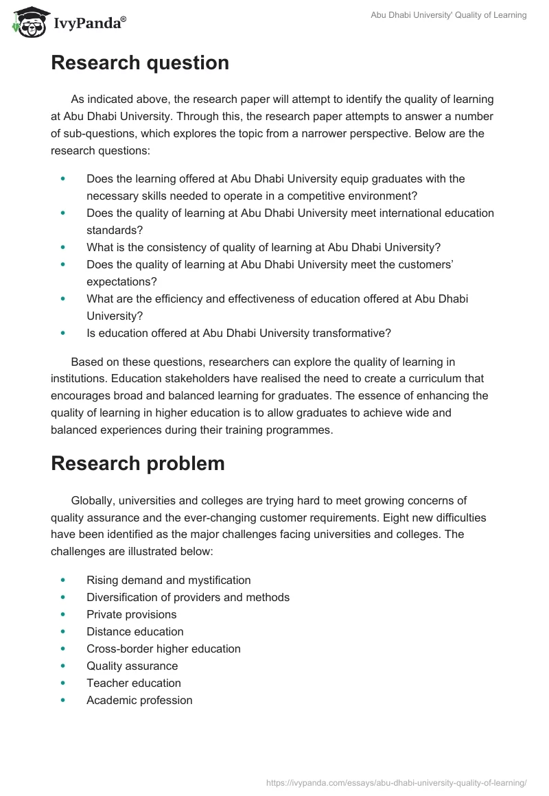 Abu Dhabi University' Quality of Learning. Page 2